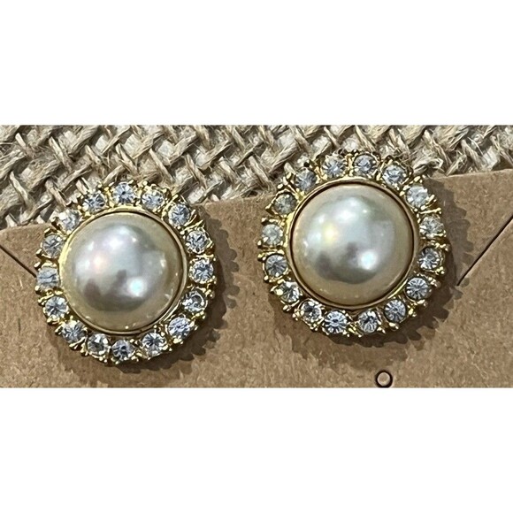 Roman VTG Simulated Pearl Rhinestone Gold Tone Clip On Earrings Regency 1950s - Picture 4 of 9